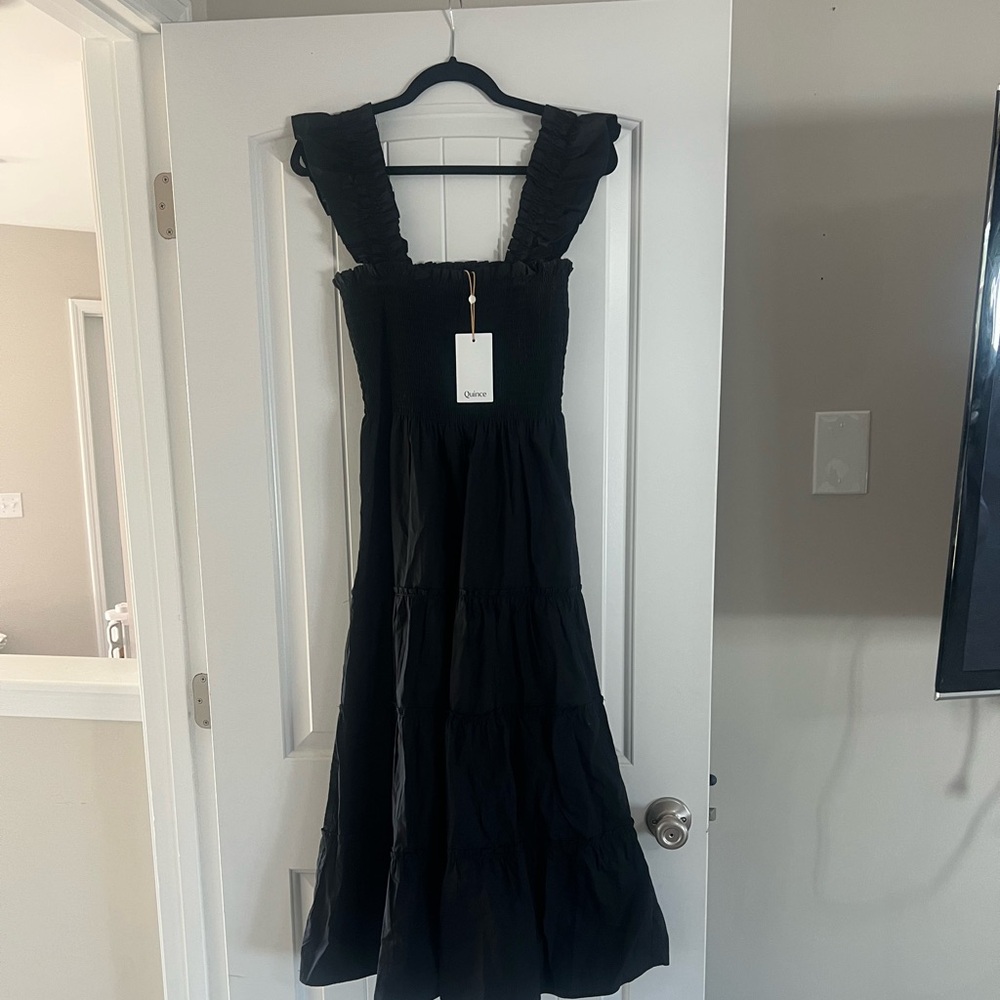 Quince Women 100% Organic Cotton Smocked Midi Dress Black Basic Sleeveless S NWT - Picture 1 of 4